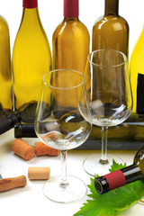 set of empty bottles of wine and glass  background  - Image