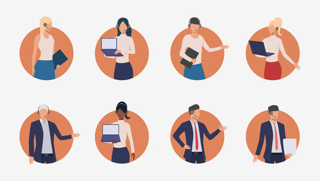 Sales agents consulting clients on phone. Male and female customer support phone operators. Vector illustration for banner, leaflet, advertising