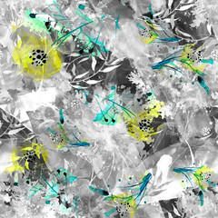 Watercolor seamless pattern, background with vintage pattern. Abstract watercolor seamless pattern. bush, tree, Flower tulip, poppy, sunflower. colorful background. Stylish fashion illustration.