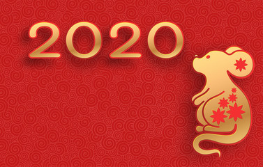 Fototapeta na wymiar Golden mouse on a textured red background. Template on the theme of the Chinese horoscope. Eastern calendar. Year of the mouse. Free space. Greeting card.