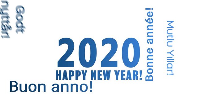 Video animation of a word cloud with the message happy new year in blue over white background and in different languages - represents the new year 2020.