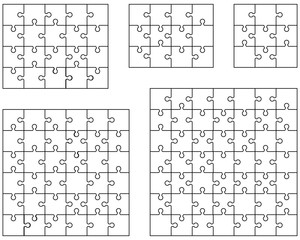 Vector illustration of five different white puzzle, separate pieces