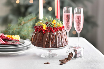 Tasty Christmas pie on table served for dinner