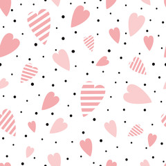 Seamless pink pattern heart ornament decorated black polka dot ornament love background Valentines day print