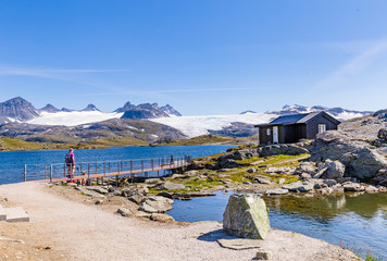 Viewpoint Sognefjellshytta along National scenic route Sognefjellet between Skjolden and Lorn in Sogn og Fjordane in Western Norway.