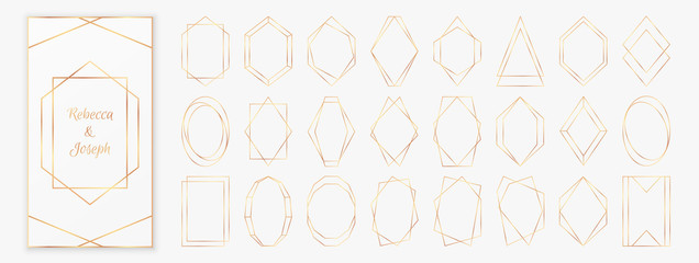 Gold polygonal frames collection isolated on light grey background.