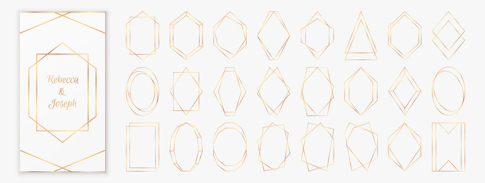 Gold polygonal frames collection isolated on light grey background.