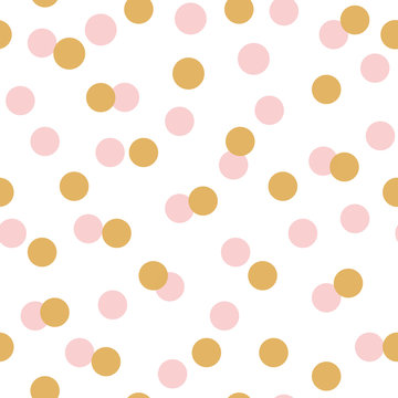 Polka dots seamless pattern with gold pink circles on white background Pink seamless pattern