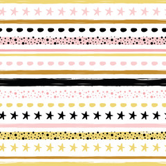 Cute seamless pattern vertical striped geometric design golden, pink, black lines Background