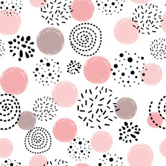Female seamless pattern polka dot abstract ornament decorated pink, black hand drawn round shapes