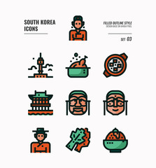Fototapeta na wymiar South Korea icon set 3. Include landmark, people, food, art and more. Filled Outline icons Design. vector illustration