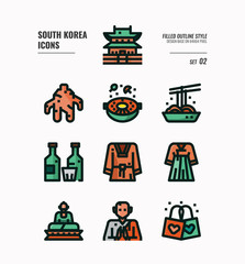 South Korea icon set 2. Include landmark, food, Traditional Culture and more. Filled Outline icons Design. vector illustration
