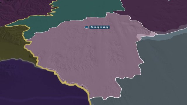 Zala - county of Hungary with its capital zoomed on the administrative map of the globe. Animation 3D