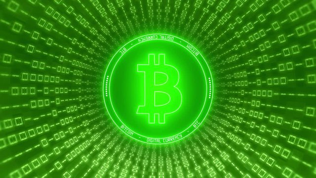 Video animation of the Bitcoin logo in green with a tunnel of binary code - Digital currency - Cryptocurrency