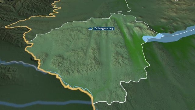 Zala - county of Hungary with its capital zoomed on the physical map of the globe. Animation 3D