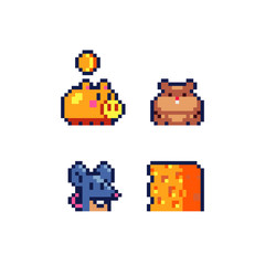 Cute animals pixel art icons set mouse and cheese, hamster, piggy bank and coin. Design for logo, sticker and mobile app. Isolated vector illustration.
