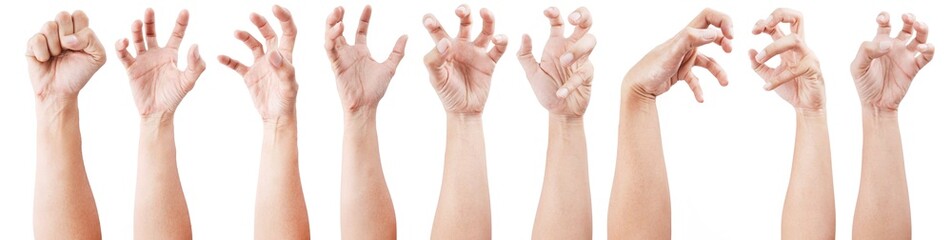 Multiple Man hand gestures isolated over the white background, set of multiple images. Zombie Hands.