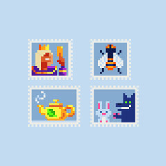 Vintage postmark template pixel art icon, king, bee, teapot with tea, hare and wolf. Design for logo, sticker and mobile app. Сartoon flat style. Isolated vector illustration. 
