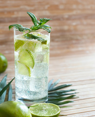 Homemade refreshing drink with lime juice and mint