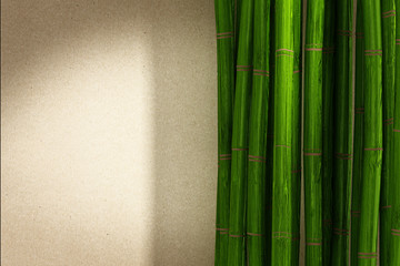 Green bamboo sticks on paper texture background. 3D illustration