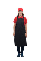 Portrait of happy Female staff in uniforms with apron isolated on white