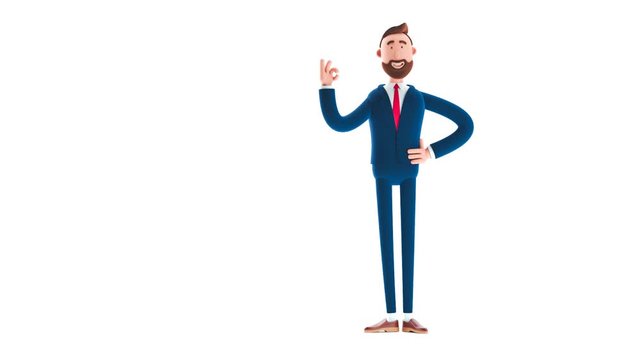 Billy cartoon businessman character shows ok sign with fingers on white background. 3d render illustration. Looped video. 