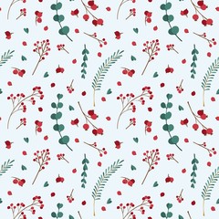 Christmas seamless pattern with winter  plants. Traditional winter season events botanic decor.  Green branches, red berries festival banner design element
