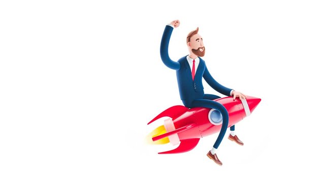 Billy cartoon businessman character flies on a rocket on white background. Startup concept. 3d render illustration. Looped video. 