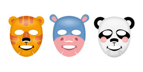 Obraz premium Vector facial mask, skin care concept, mask with a tiger, hippo, panda face, skin treatment