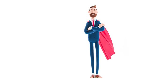 Billy cartoon businessman character  clothed like a superhero on white background. 3d render illustration. Looped video. 