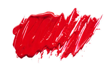 Smear and texture of red lipstick or acrylic paint isolated on white background.