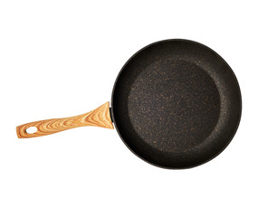 new empty frying pan with a brown handle isolated on a white background