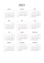 Kalender 2021, Hochformat, Sonntag bis Samstag