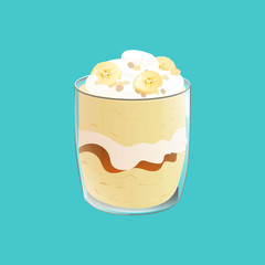 Banana pudding. Healthy vegan snack in glass. Vector illstration isolated on blue background.