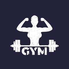 Fototapeta na wymiar Gym logo with strong girl and barbell, grunge textured