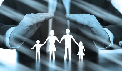 Fototapeta na wymiar Concept of family insurance, black and white; multiple exposure