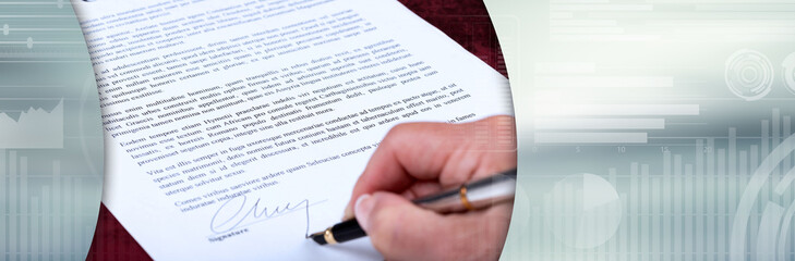 Hand signing a contract; panoramic banner