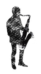 saxophonist, musical instruments, black and white graphics, abstraction
