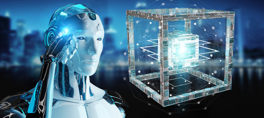 White robot creating future technology structure 3D rendering