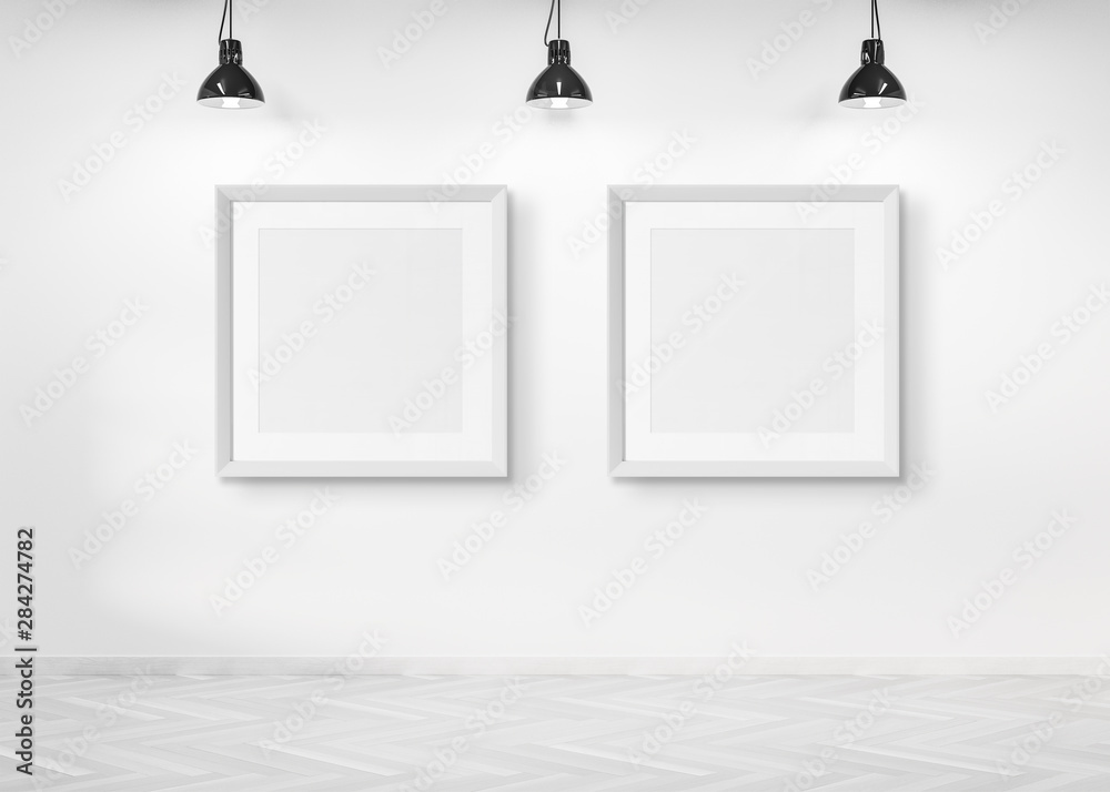 Aufkleber Two squared frames hanging on a wall mockup 3d rendering