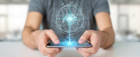 Businessman using digital triangle exploding sphere hologram 3D rendering
