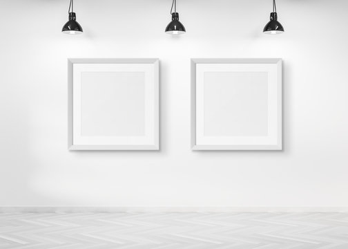 Two squared frames hanging on a wall mockup 3d rendering