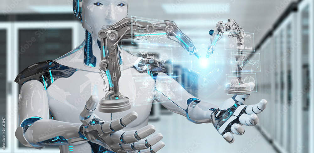 Aufkleber white man robot using robotics arms with digital screen 3d rendering