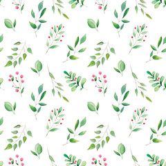 Watercolor botanical seamless pattern. Autumn leaves. Thanksgiving decorative elements: leaves and berries. Hand drawn greenery  on white background.