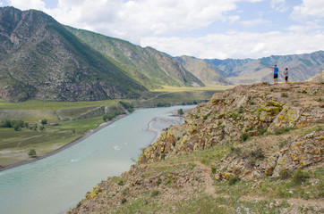 Landscape confluence of Chuya River and Katun River on Altai in Russia among mountains