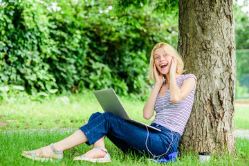 I am happy. modern woman with notebook blogging outdoor. woman drink coffee. Inspiration for blogging. summer online. girl runs her blog on notebook. girl blogger write post for social network