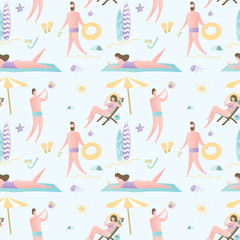 Seamless pattern with various people on beach,men and women in swimsuits in various poses,