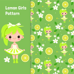 vector and pattern of cute girl in lemon dress costume with lemon and flowers 