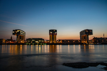 Rhine harbour at sunset with fantastic crane houses