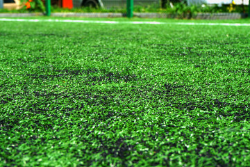   European football, green new artificial football field. The view from above. 